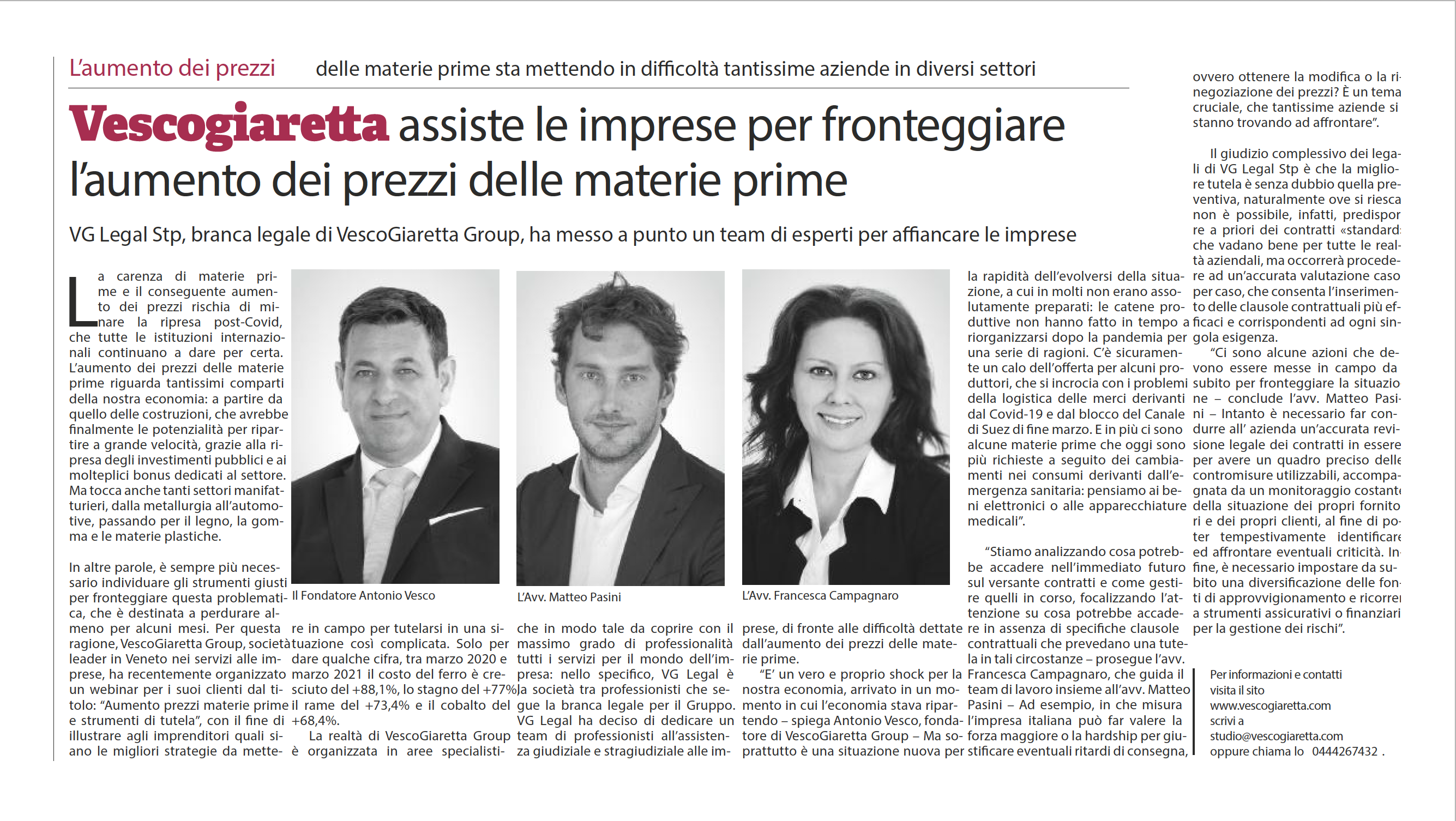 VescoGiaretta assiste le imprese per fronteggiare l’aumento dei prezzi delle materie prime